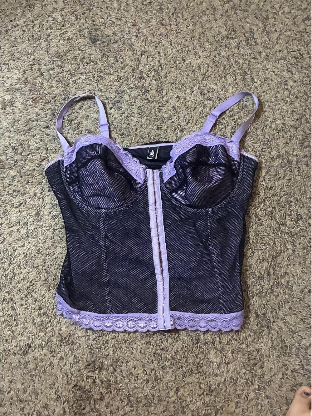 Black and Lavender Lace Mesh Bustier Top Size 40DD